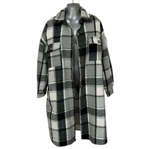 UANEO Plaid Shacket Black Gray White Long Flannel Shirt Jacket Women's Medium